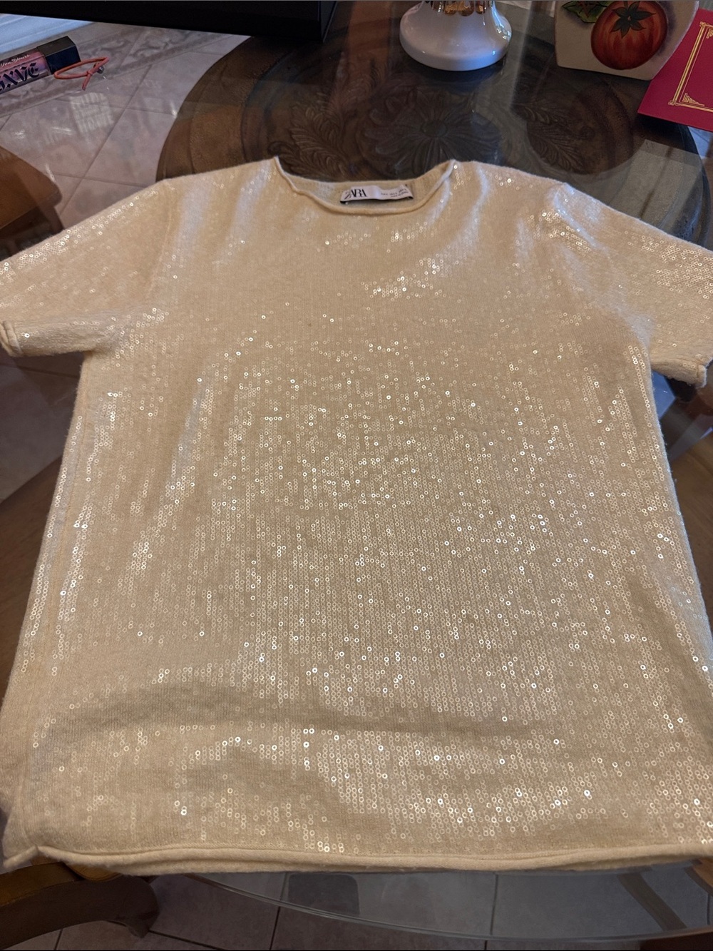 Zara Cream Sequin Short-Sleeve Tee